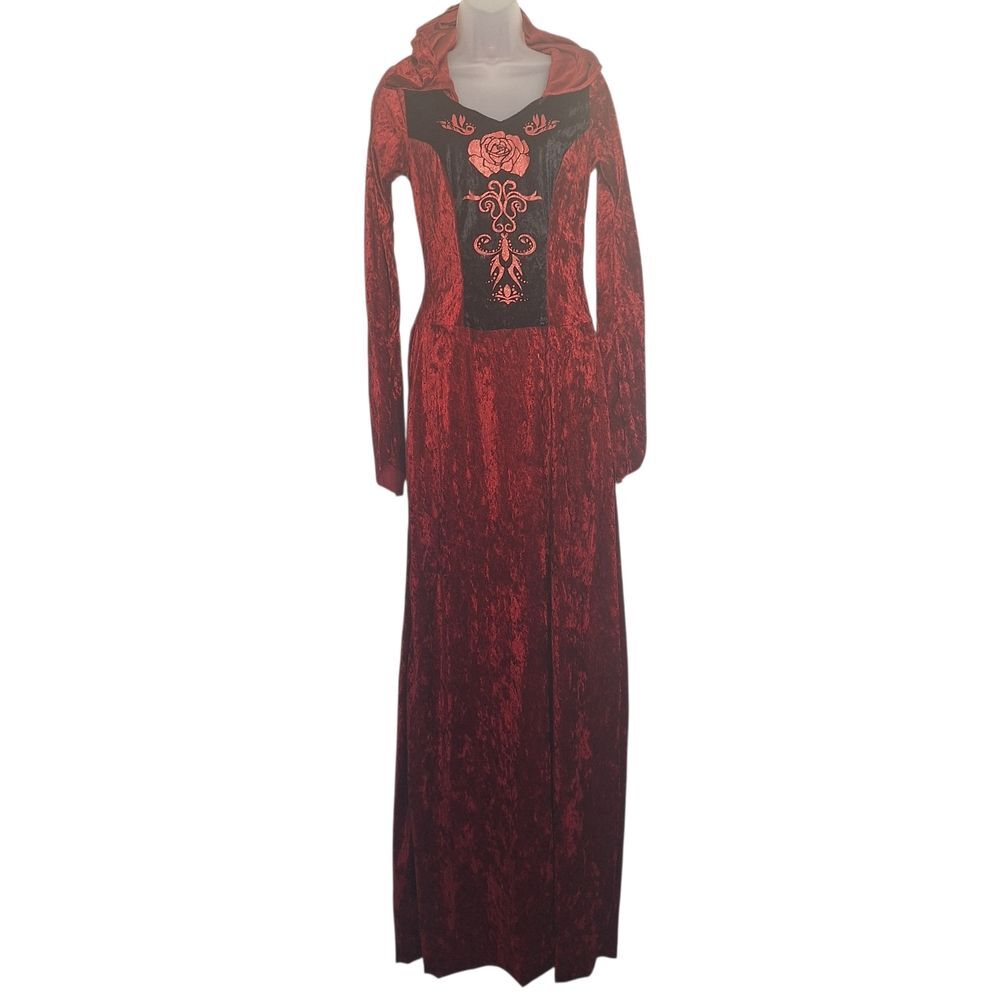 Renaissance Hooded Dress Crushed Velvet Trumpet Sleeves Medium Womens Cosplay